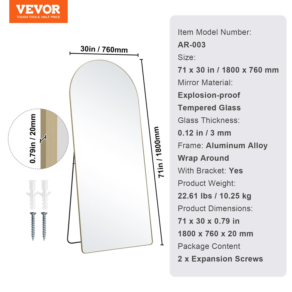 Vevor Full Length Mirror 71" x 30" Arched Floor Mirror with Stand Wall-Mounted Aluminum Alloy Frame New