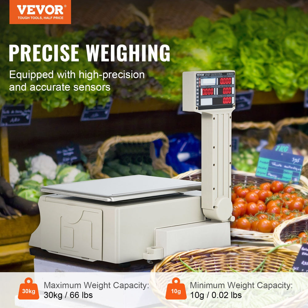 Vevor Digital Price Computing Scale 66 Lbs. Commercial Scale with Dual-Sided LCD & LED Display Built-In Label Printer New