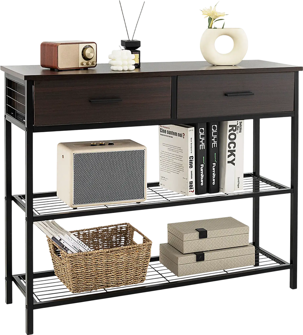 39.5-inch dark brown entryway table with 2 drawers and 2 metal shelves, perfect for living room or hallway storage.