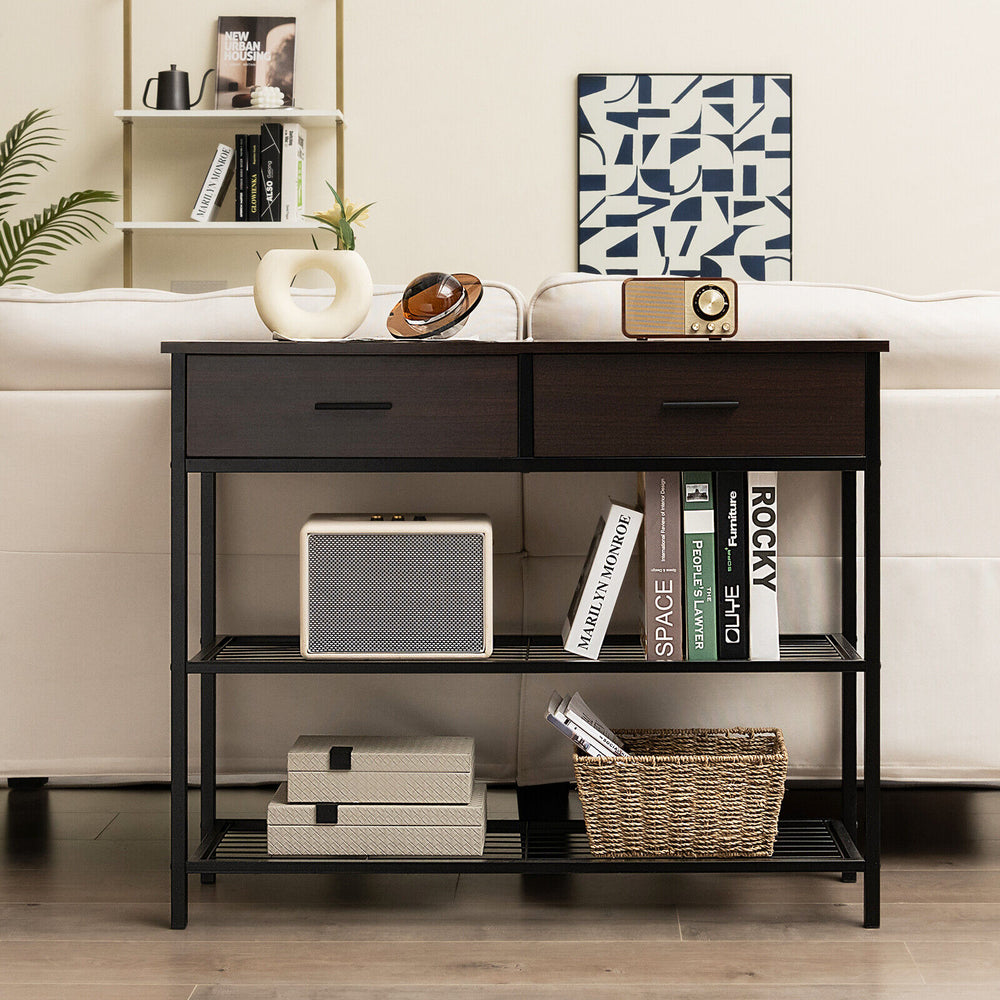 Dark brown entryway table with 2 drawers and 2-tier metal shelves, ideal for living room or dining room storage.