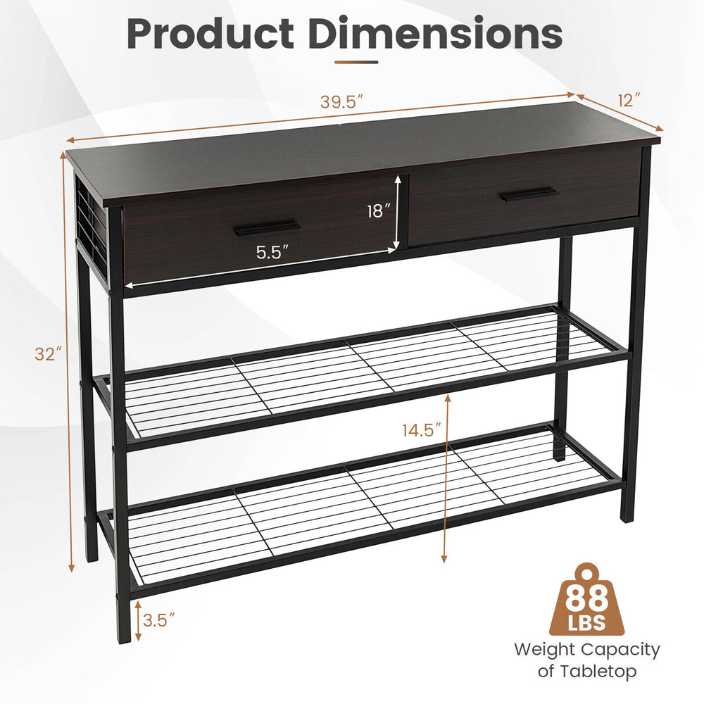 39.5-inch dark brown entryway table with 2 drawers and 2 metal shelves, ideal for living room or entryway storage.