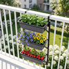 Three-tier black deck railing planter boxes with adjustable brackets, ideal for growing herbs, flowers, and vegetables.