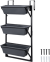 Three-tier black deck railing planter boxes with adjustable brackets, ideal for growing herbs, fruits, and flowers.