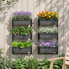 Vertical 3-tier black planter boxes with adjustable brackets, perfect for growing herbs, flowers, and vegetables on walls.