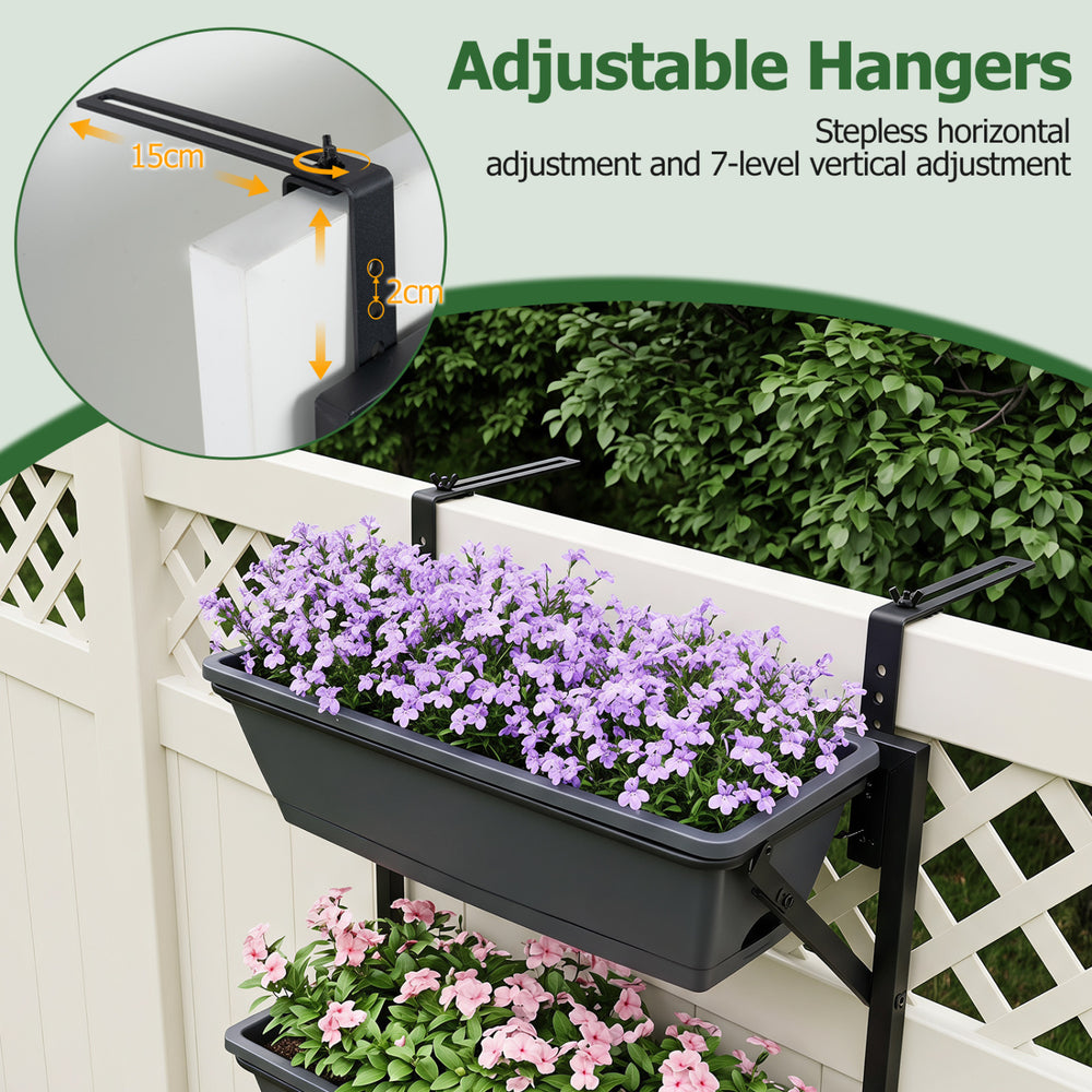 Adjustable black deck railing planter boxes with 3 tiers, removable self-watering design, ideal for flowers and herbs.