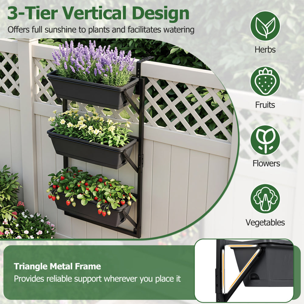 Three-tier black deck railing planter boxes with adjustable brackets, ideal for growing herbs, fruits, flowers, and vegetables.