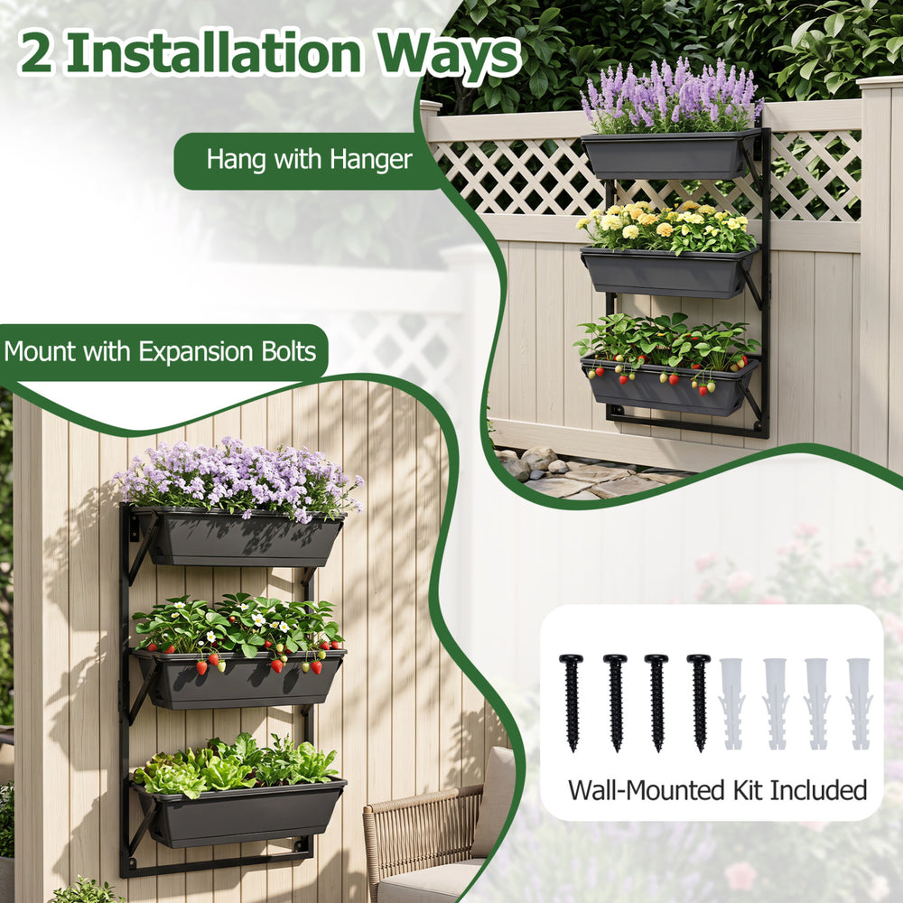 3-tier black deck railing planter boxes with adjustable brackets, perfect for growing herbs, fruits, and flowers.