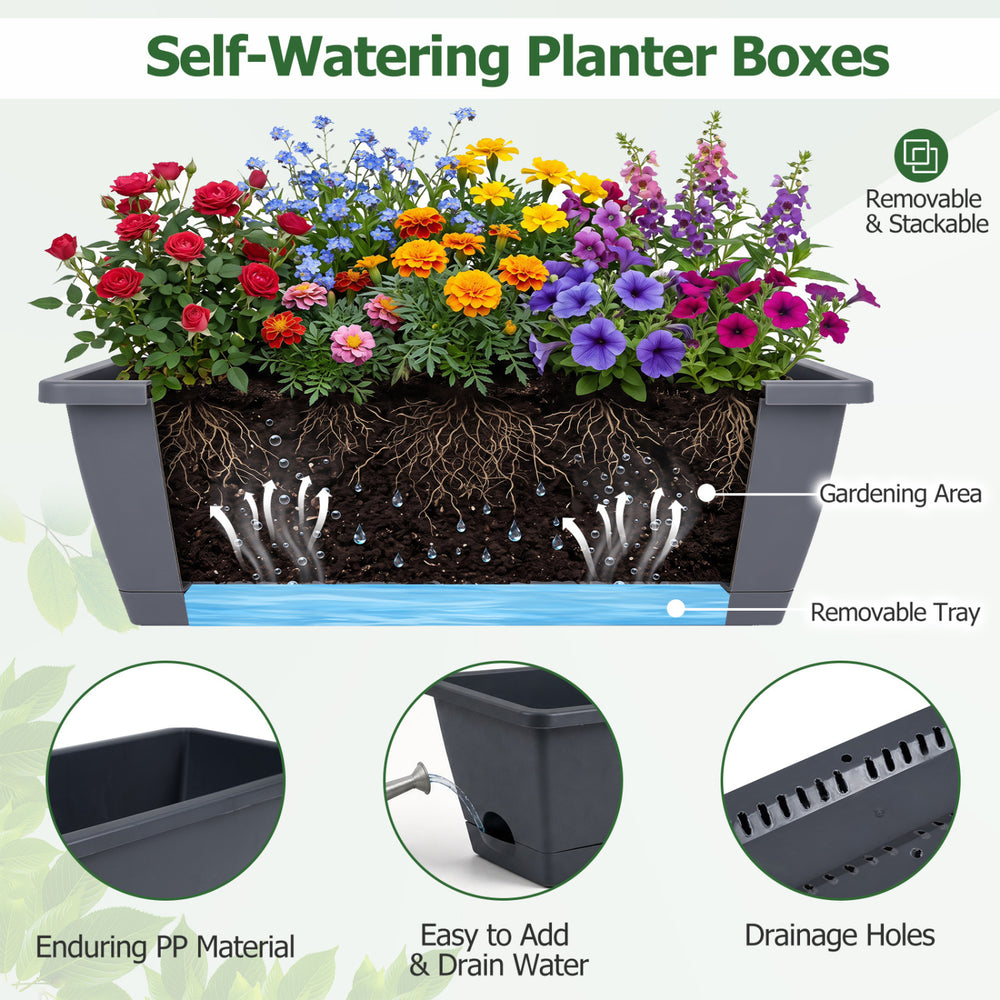 Self-watering planter boxes in black feature a 3-tier design with drainage holes, perfect for herbs, flowers, and vegetables.