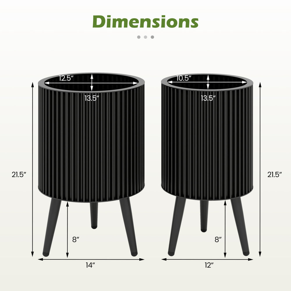 Dimensions of a set of 2 decorative flower pots with a modern fluted design and robust metal legs for stability.