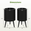 Dimensions of a set of 2 decorative flower pots with a modern fluted design and robust metal legs for stability.