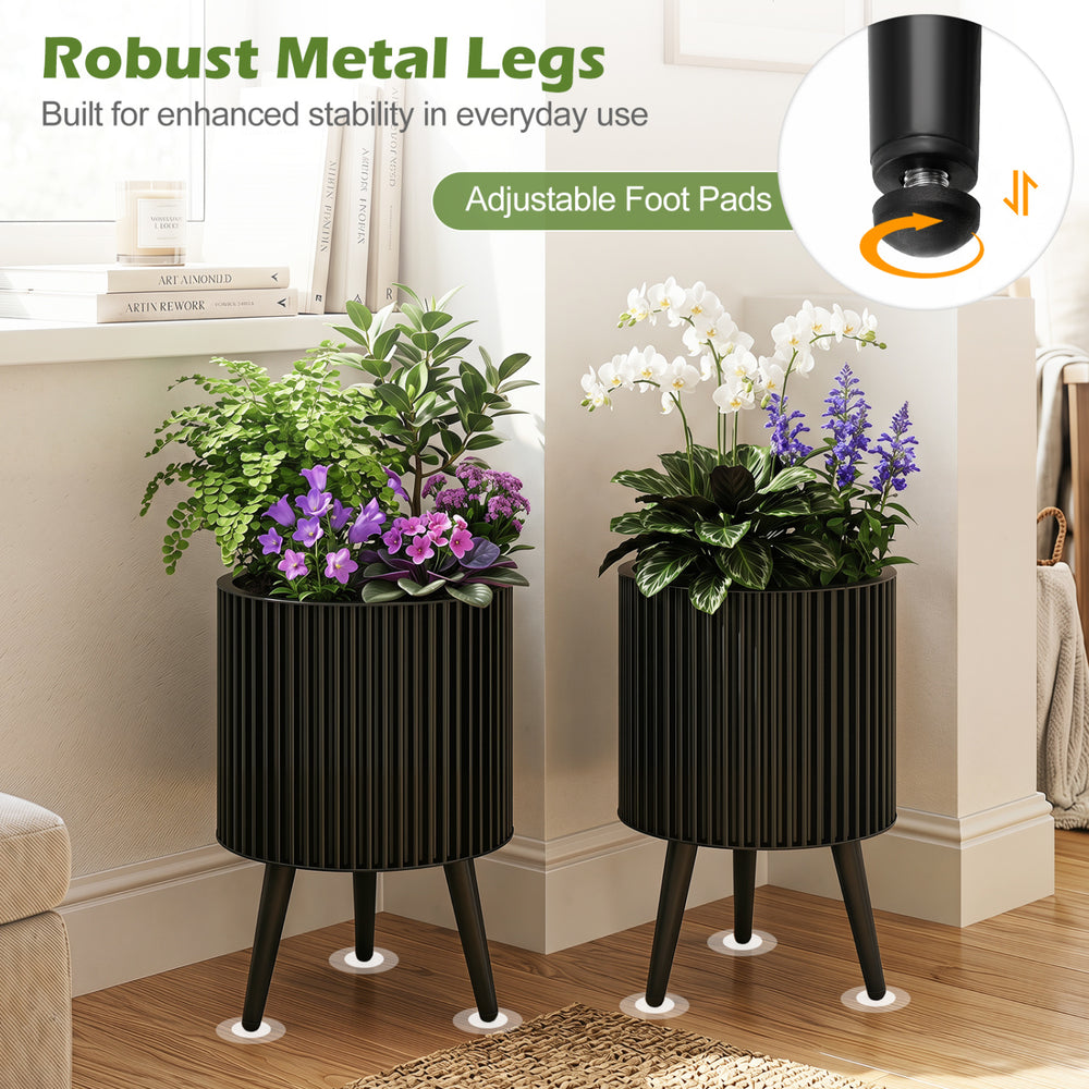 Decorative flower pots with a modern fluted design, robust metal legs, and drainage holes for enhanced stability and airflow.