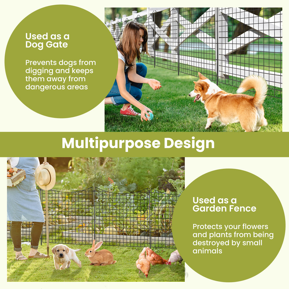 Decorative garden fence with 5 panels and stakes, made of heavy-duty metal, ideal for pet containment and garden.