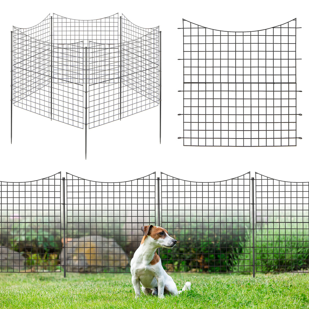 Decorative black garden fence with 5 panels and stakes, ideal for pet containment and flower bed borders.