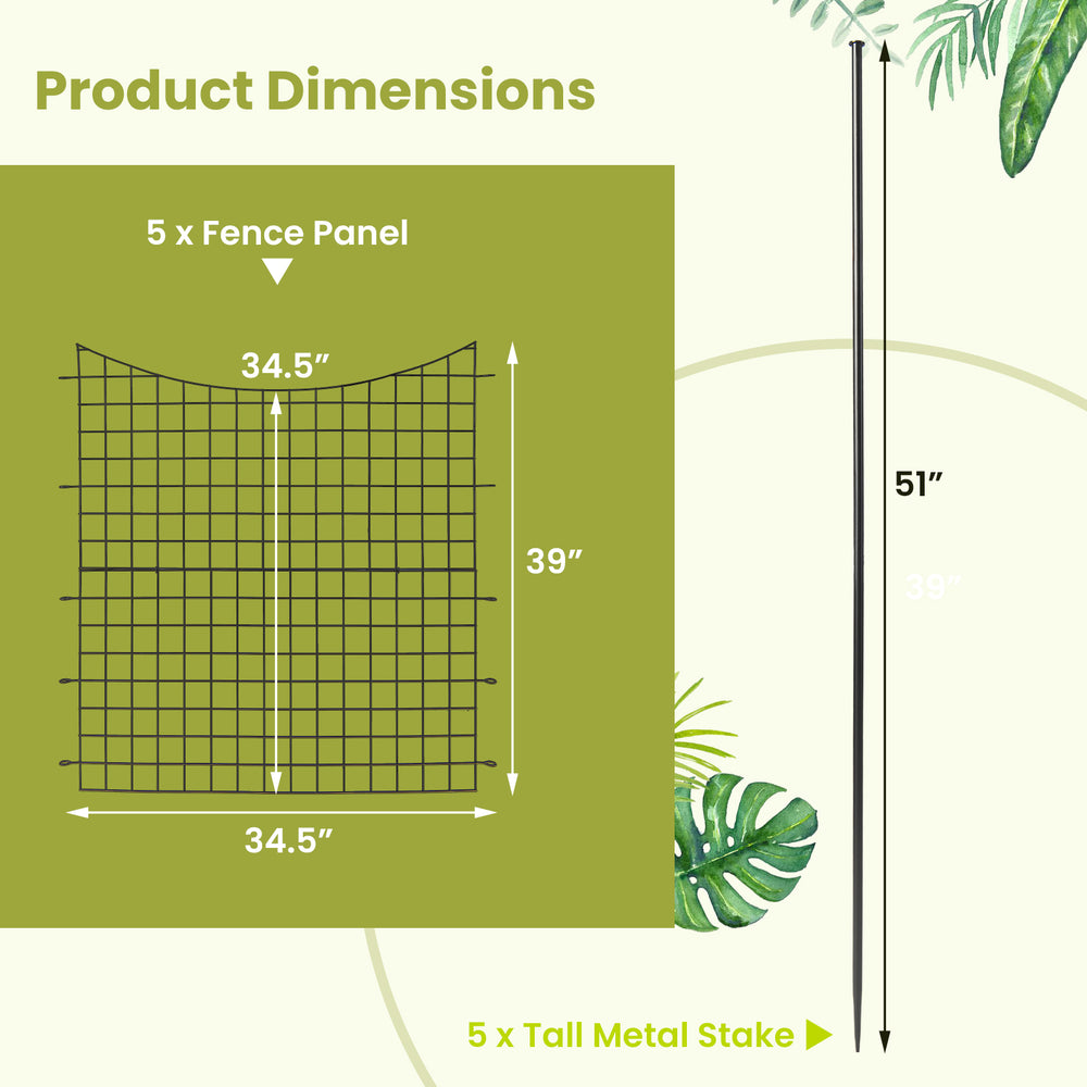 Dimensions chart for the black decorative garden fence with 5 panels and 5 stakes, ideal for garden borders and pet.