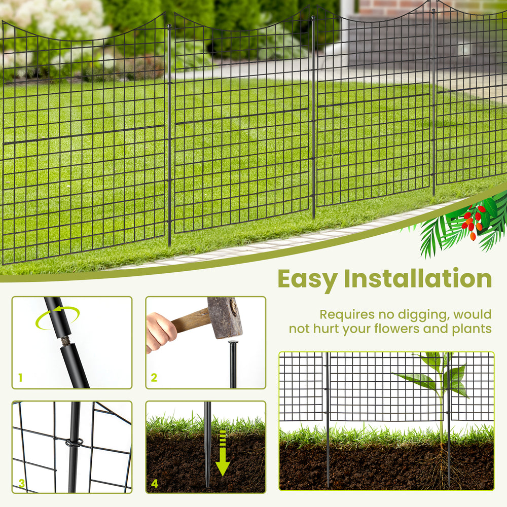 Decorative black garden fence with 5 panels and stakes, easy installation, ideal for flower beds and pet containment.
