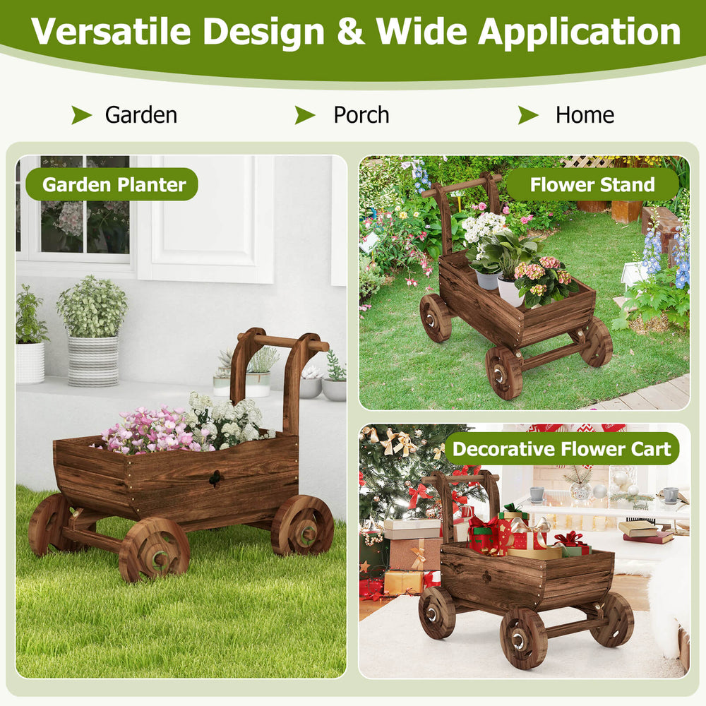 Decorative wooden wagon cart in rustic brown, featuring wheels and drainage hole, ideal for garden or home decor.