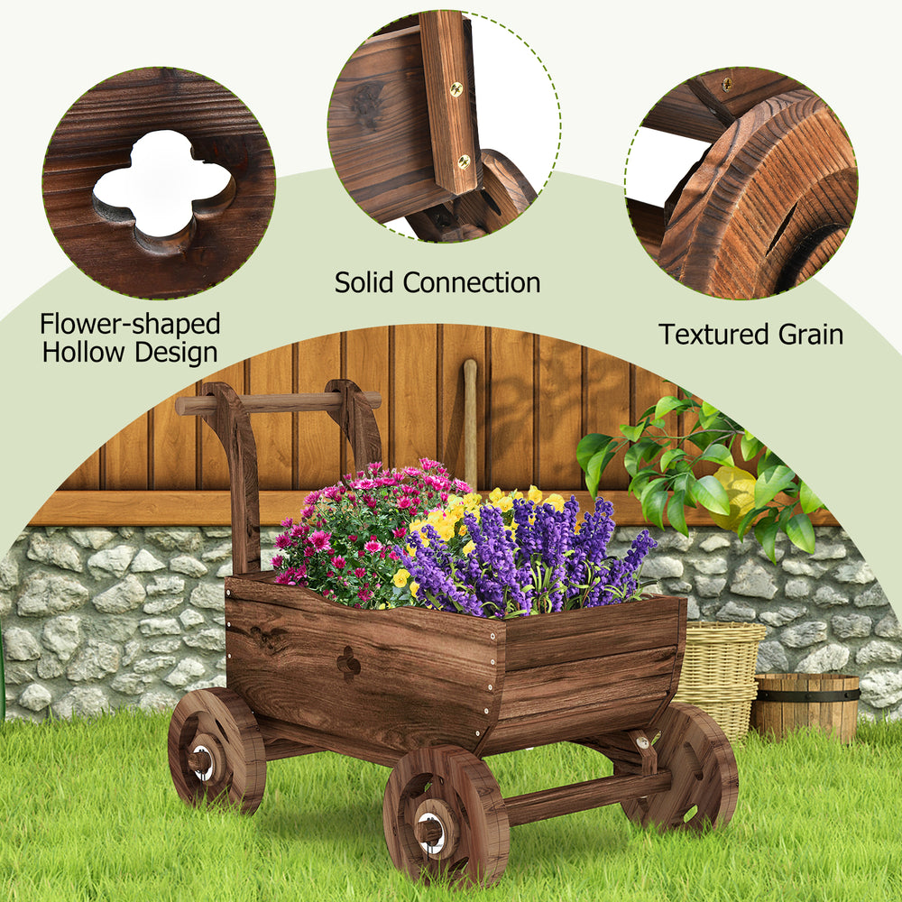 Decorative wooden wagon cart in rustic brown with wheels, drainage hole, and textured grain for garden display.