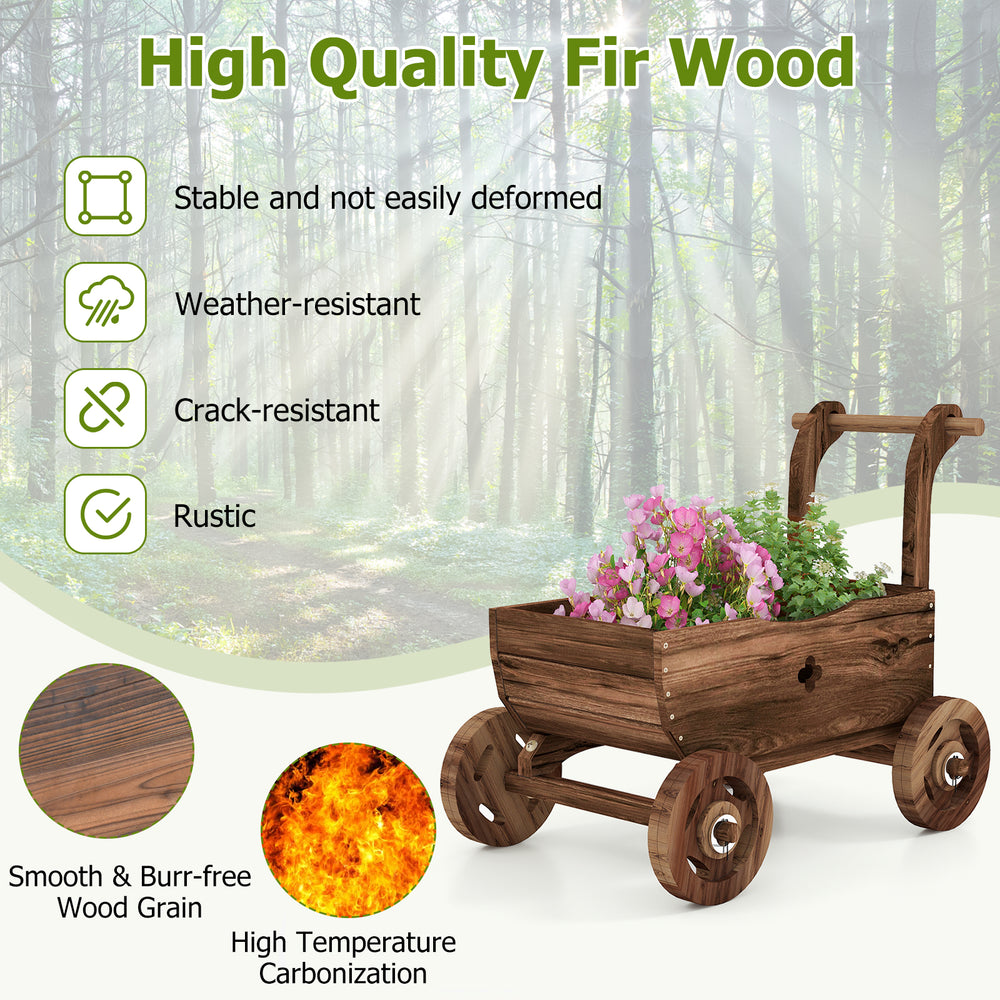 Decorative wooden wagon cart in rustic brown, crafted from carbonized fir wood, perfect for displaying plants and.