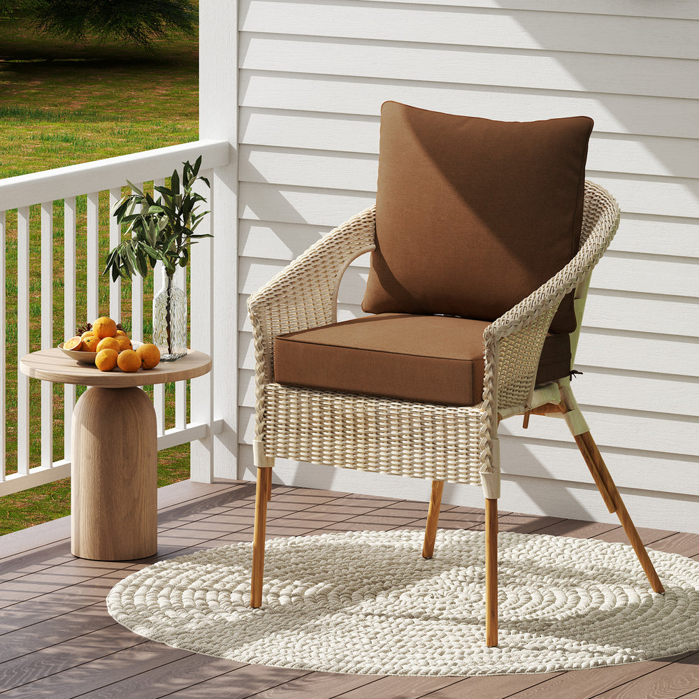 Deep seat chair with brown cushion pads, featuring rope belts for secure fit, ideal for indoor and outdoor use.