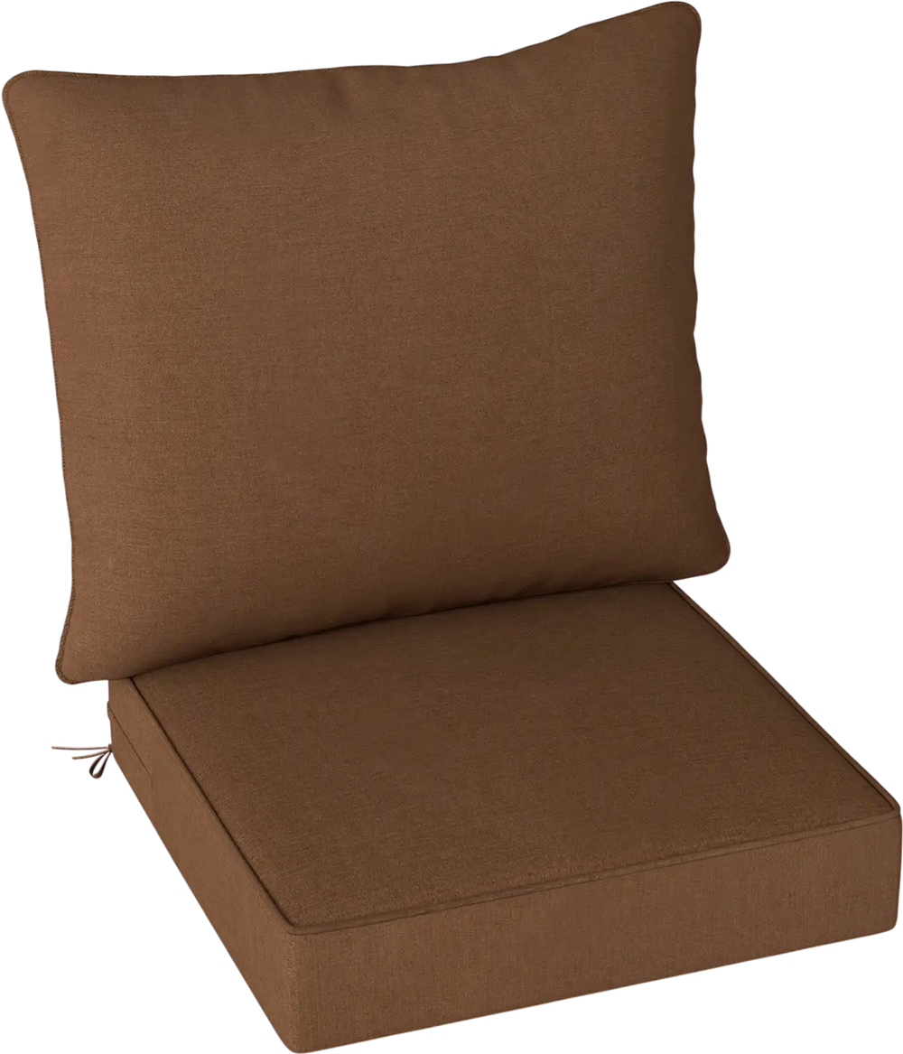 Brown deep seat chair cushion pads set featuring thick backrest and rope belts for indoor and outdoor use.