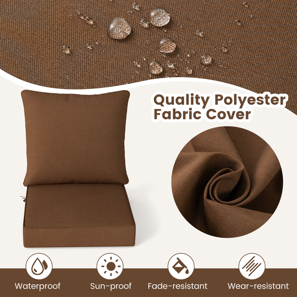 Brown deep seat chair cushion pads set featuring waterproof polyester fabric, ideal for indoor and outdoor use.