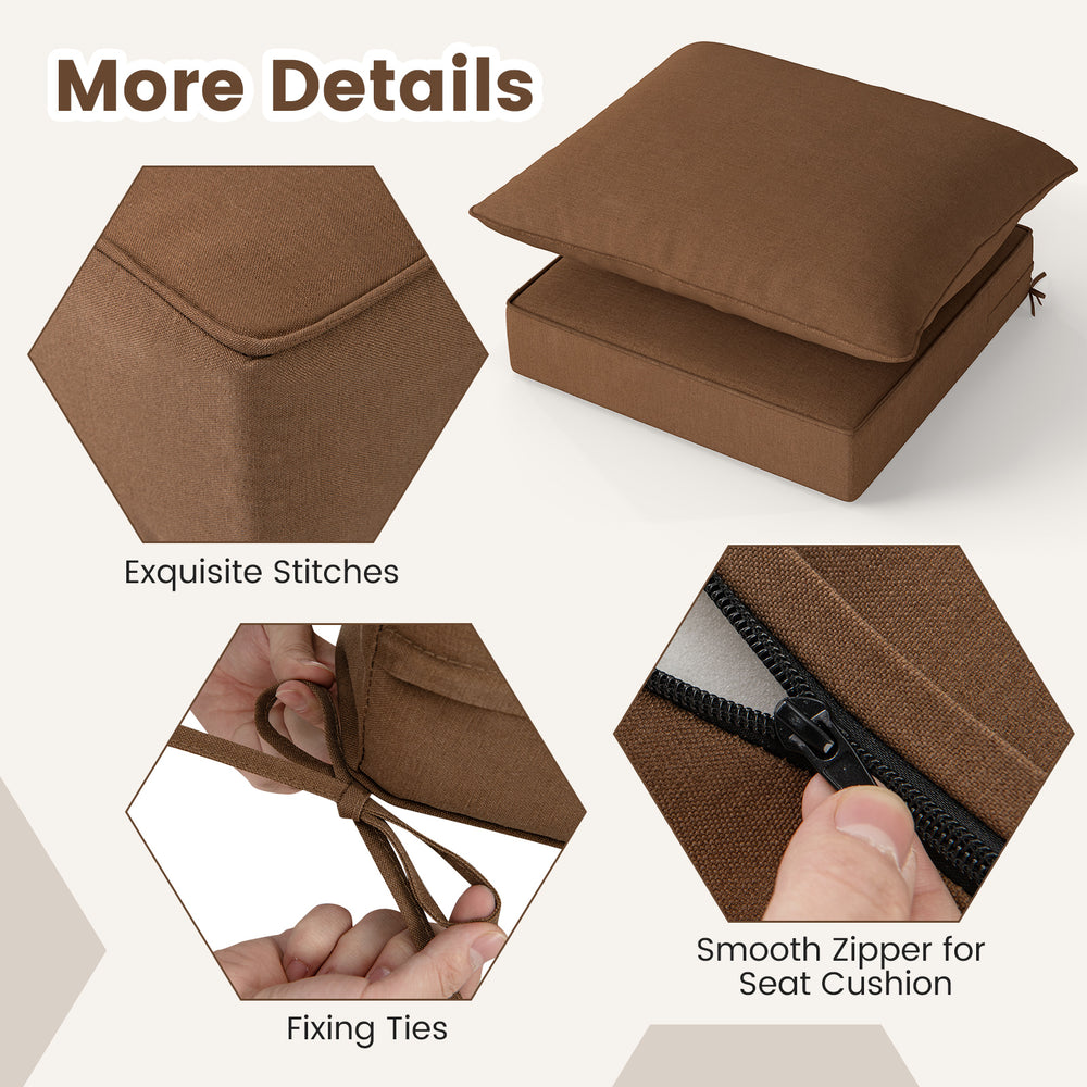 Brown deep seat chair cushion pads set showcasing exquisite stitches, smooth zipper, and fixing ties for secure.