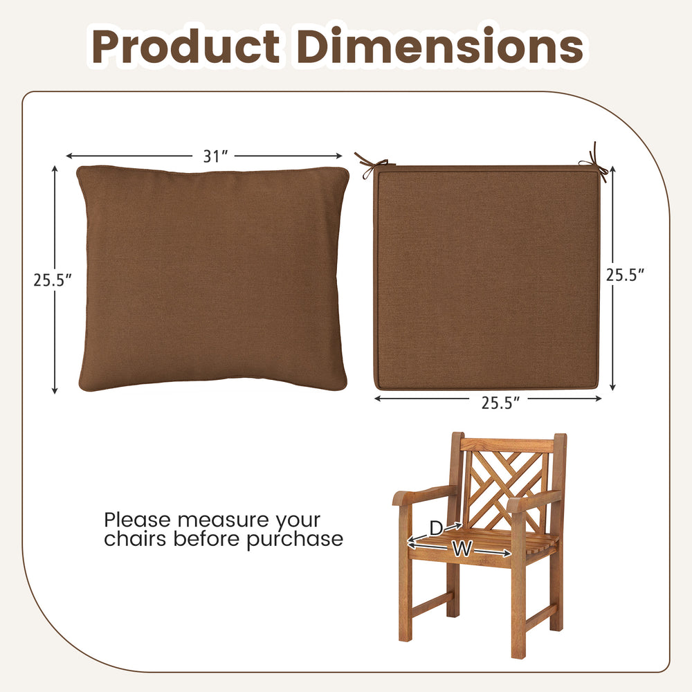 Brown deep seat chair cushion pads set with dimensions, featuring rope belts for secure placement and easy maintenance.