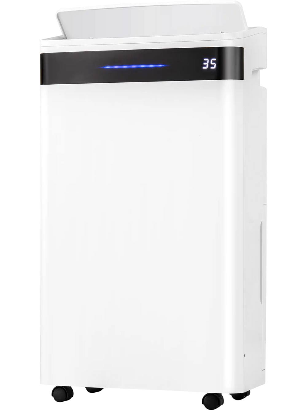 White 4500 Sq. Ft dehumidifier with LED display, 4 wheels for easy mobility, and 57 pint capacity for home use.