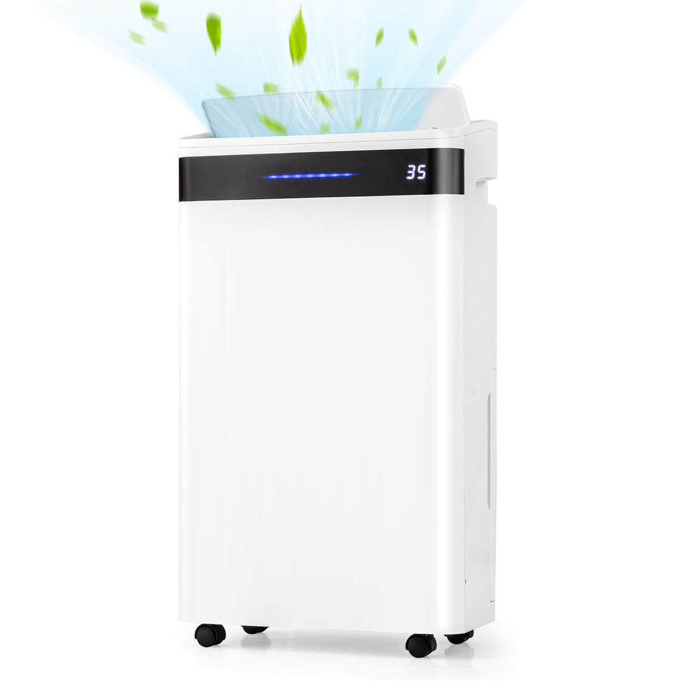 White 4500 Sq. Ft dehumidifier with LED display, 4 wheels for easy mobility, and multiple dehumidification modes.