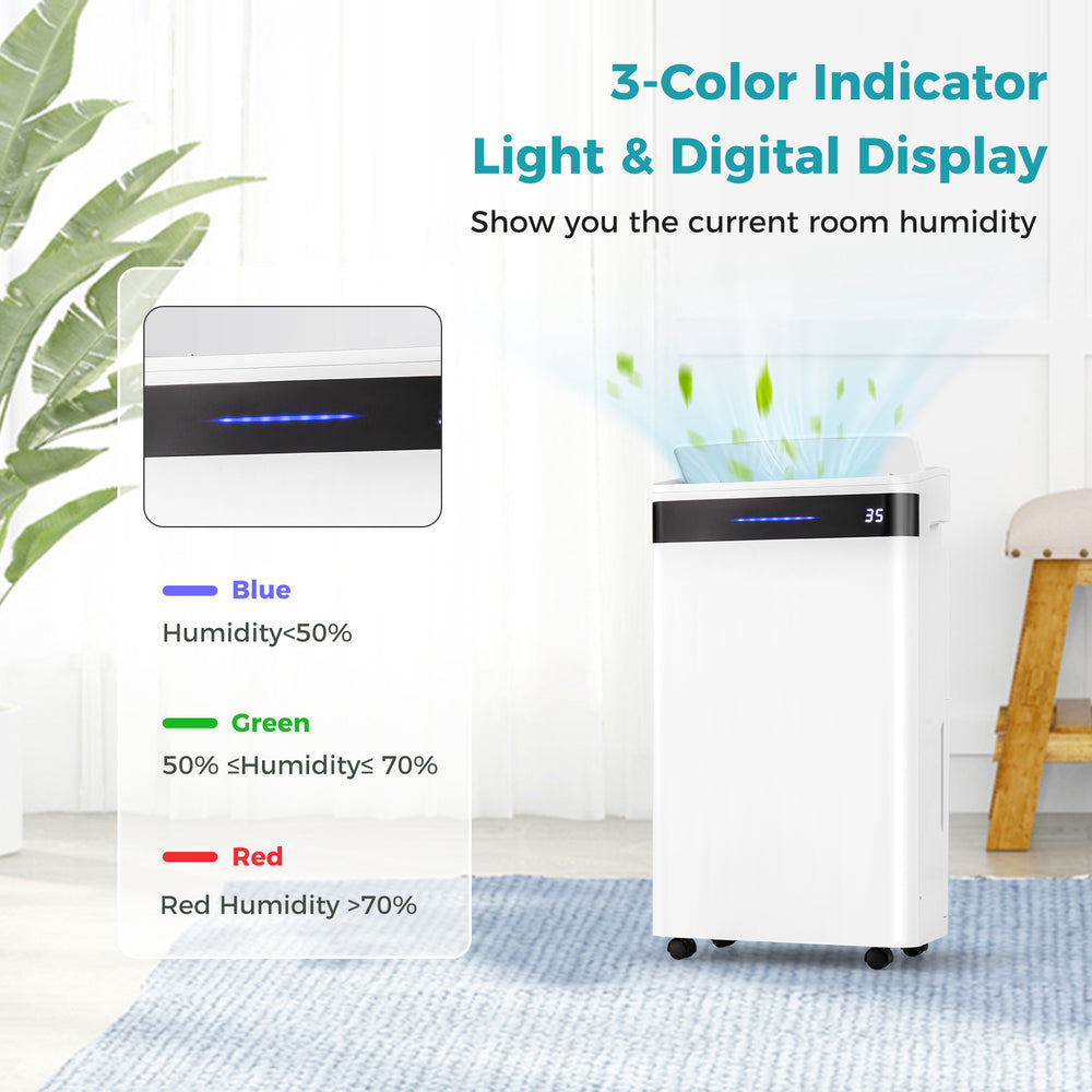 White 57 Pint dehumidifier with digital display and 3-color humidity indicator for spaces up to 4500 sq. ft.