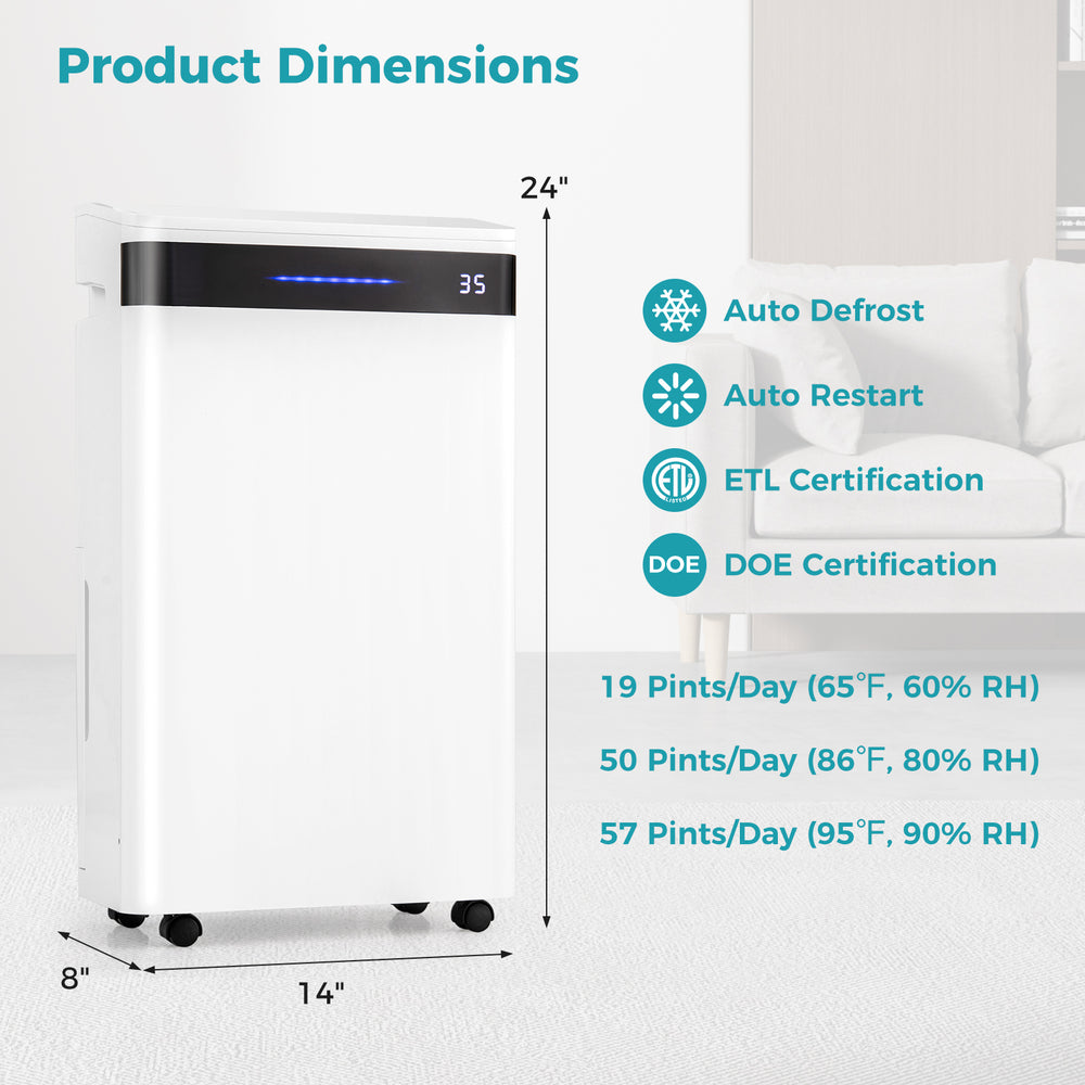 Dimensions of the 4500 Sq. Ft 57 Pint Dehumidifier, featuring auto defrost and 4 dehumidification modes for home use.