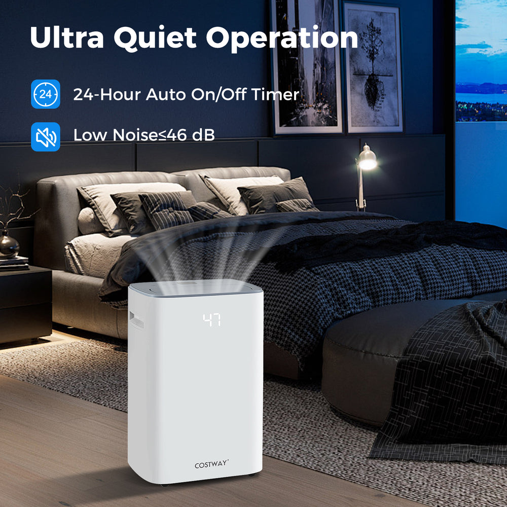 Dehumidifier in white with LED display, 24-hour timer, and low noise under 46 dB, ideal for home use.