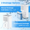 Dehumidifier with 0.66-gallon water tank and 3.3 ft drain hose, featuring manual and continuous drainage options.