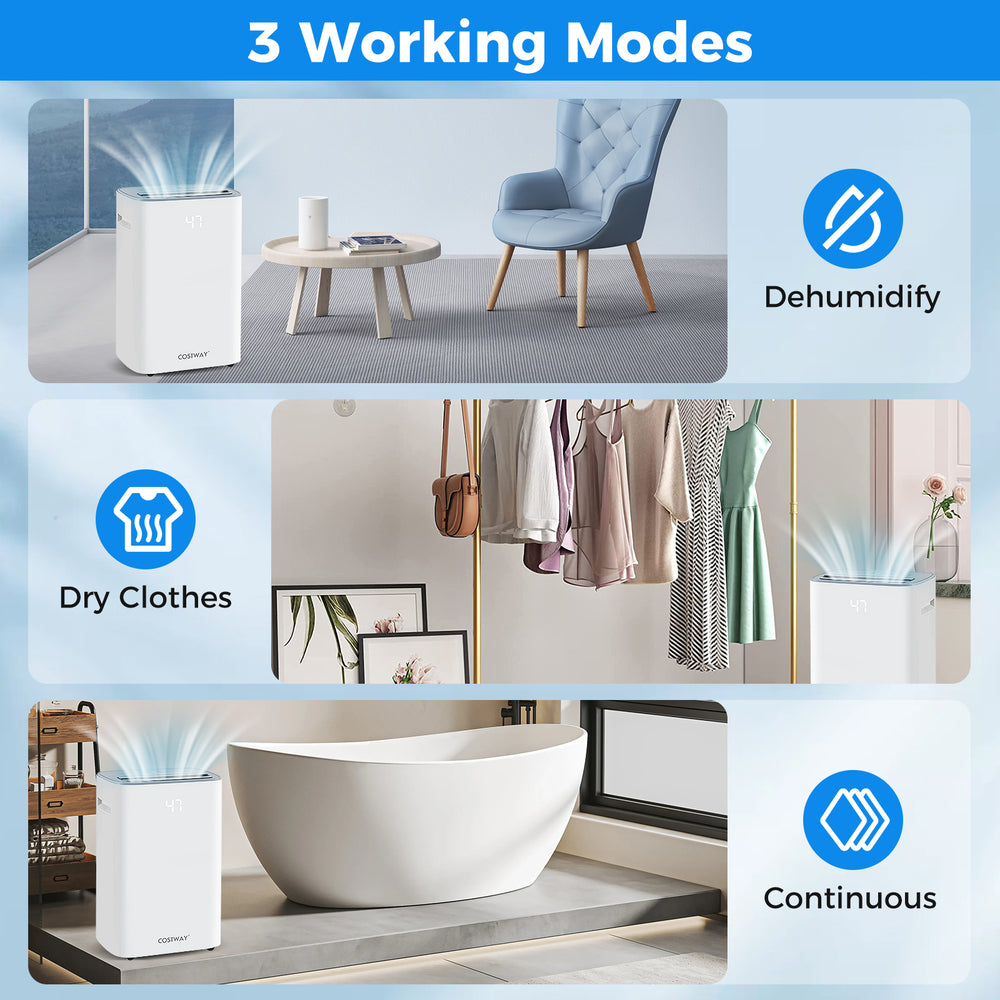 Dehumidifier with adjustable humidity settings and smart touch control, ideal for home use in basements or bedrooms.