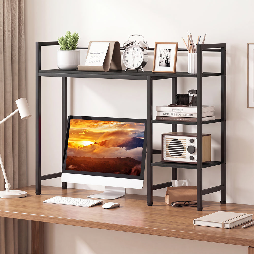 Desktop bookshelf with 4 open shelves and a sturdy metal frame, perfect for home office organization and monitor display.