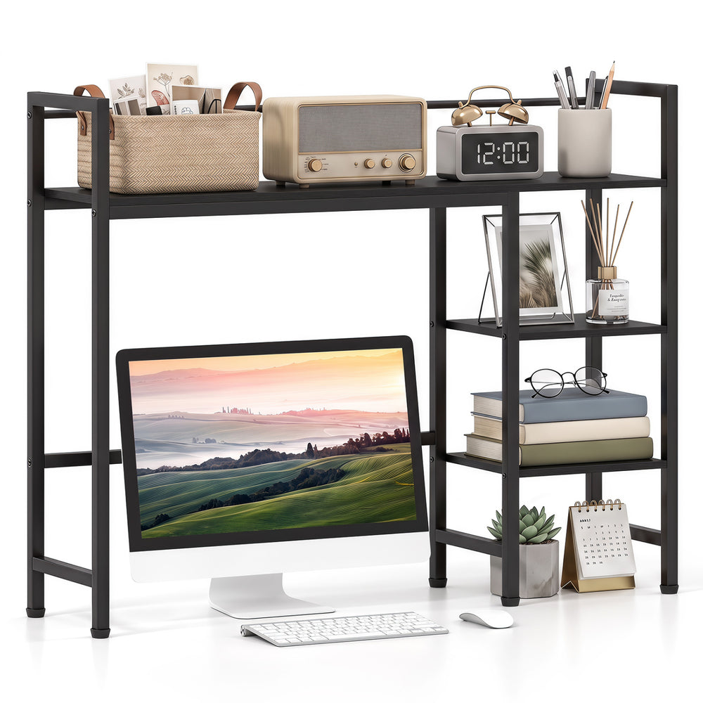 Desktop bookshelf with a sturdy black metal frame and four open shelves, ideal for home or office organization.