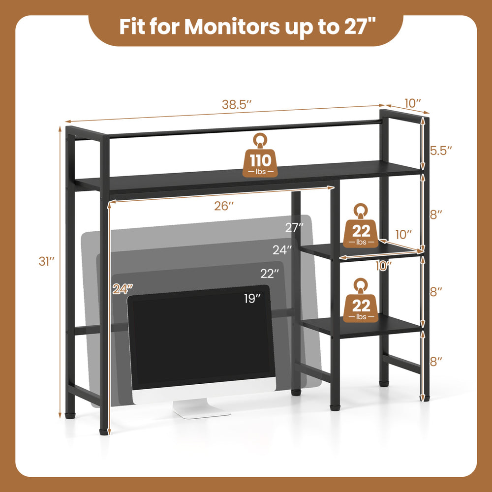 Desktop bookshelf with a sturdy metal frame and four open shelves, designed for monitors up to 27 inches for home office use.