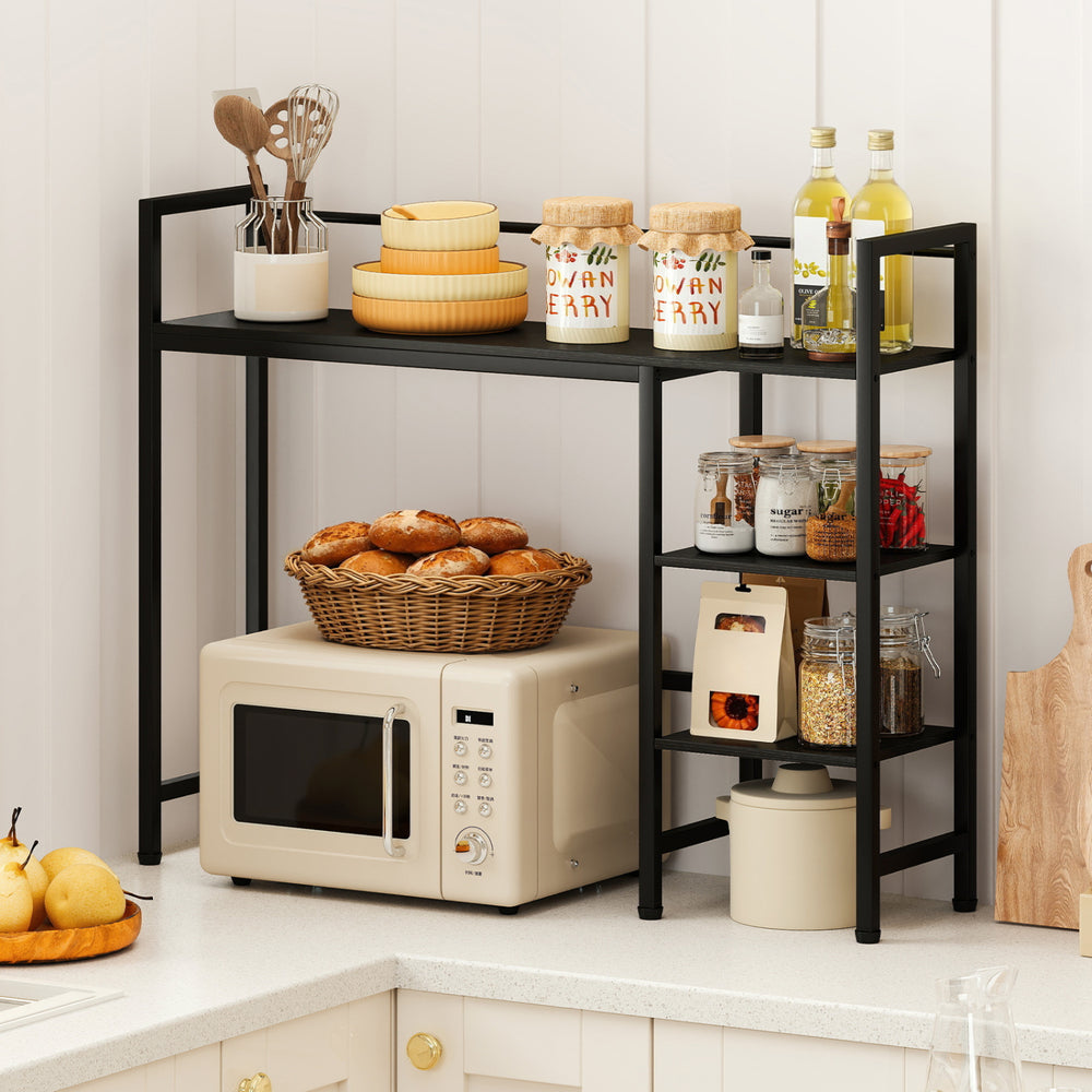 Black desktop bookshelf with four open shelves, sturdy metal frame, and adjustable foot pads for home or office storage.