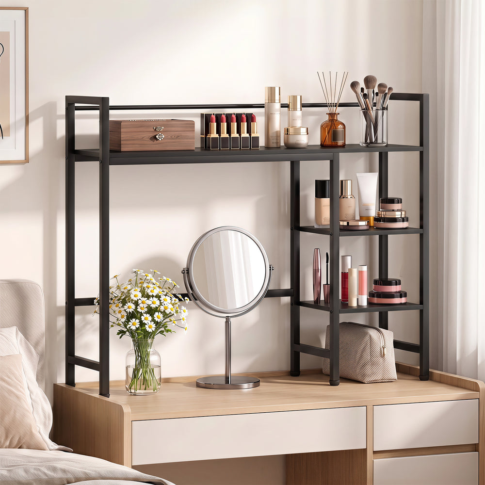 Black desktop bookshelf with 4 open shelves and sturdy metal frame, ideal for home office organization and monitor display.