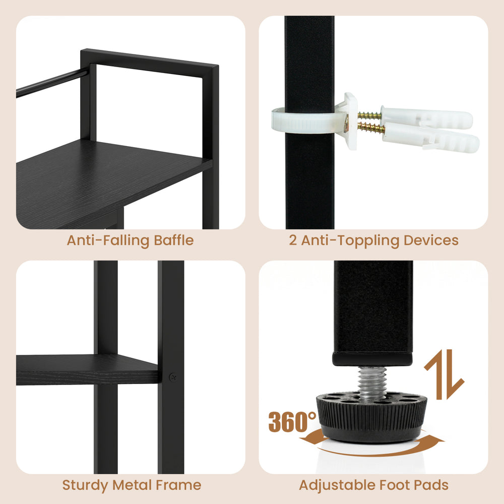 Black desktop bookshelf with sturdy metal frame, anti-falling baffle, and adjustable foot pads for home office storage.