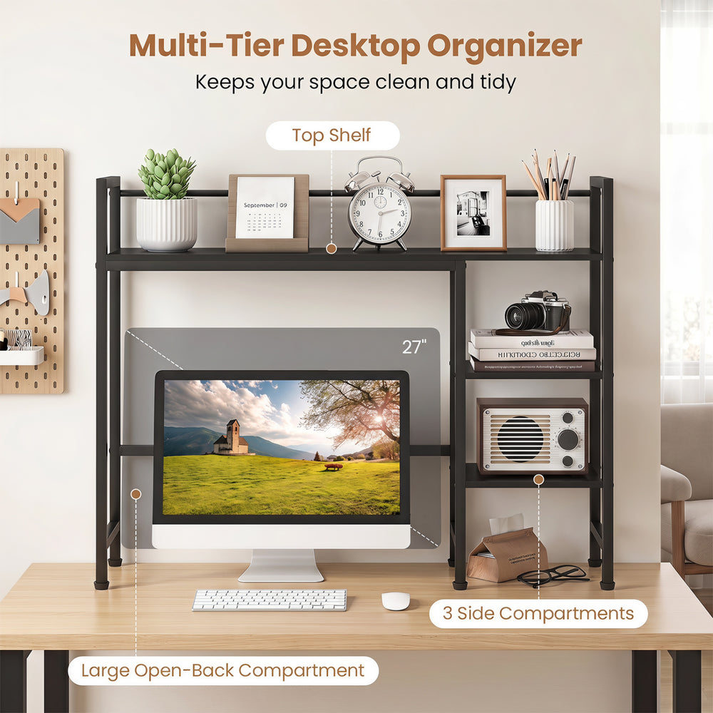 Multi-tier desktop bookshelf with 4 open shelves, sturdy metal frame, and large hutch for monitors up to 27 inches.