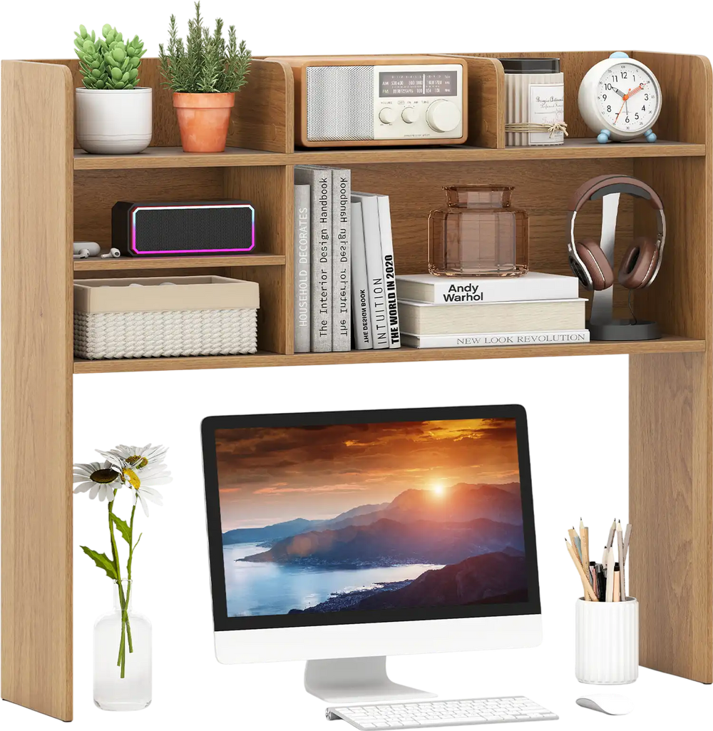 Desktop bookshelf hutch in natural finish with 6 shelves, perfect for organizing essentials in study or bedroom.
