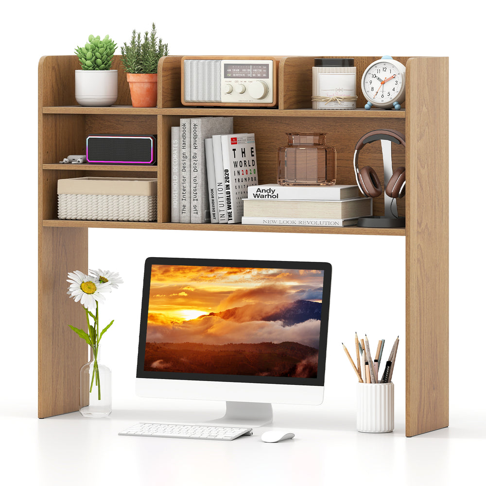 Desktop bookshelf hutch in natural finish with 6 shelves, ideal for organizing essentials in study or bedroom.