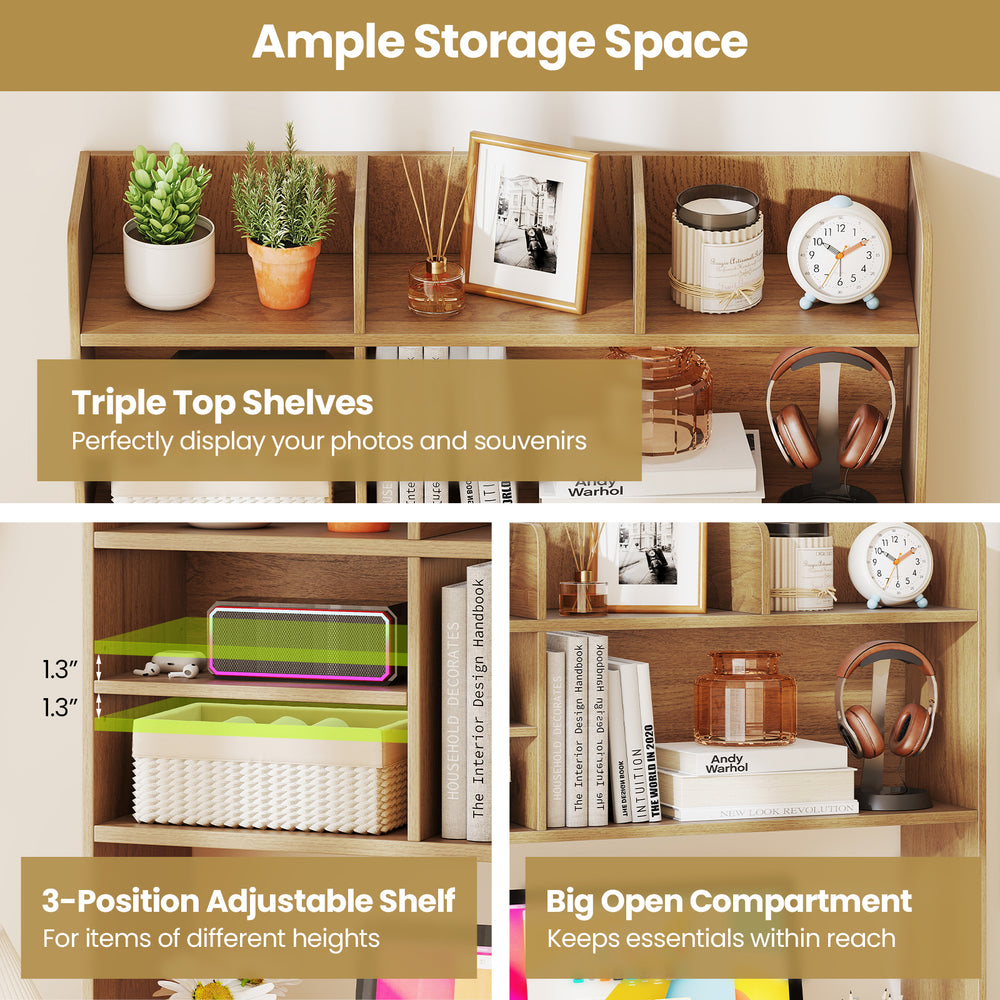 Desktop bookshelf with triple top shelves, adjustable shelf, and big open compartment for versatile storage solutions.