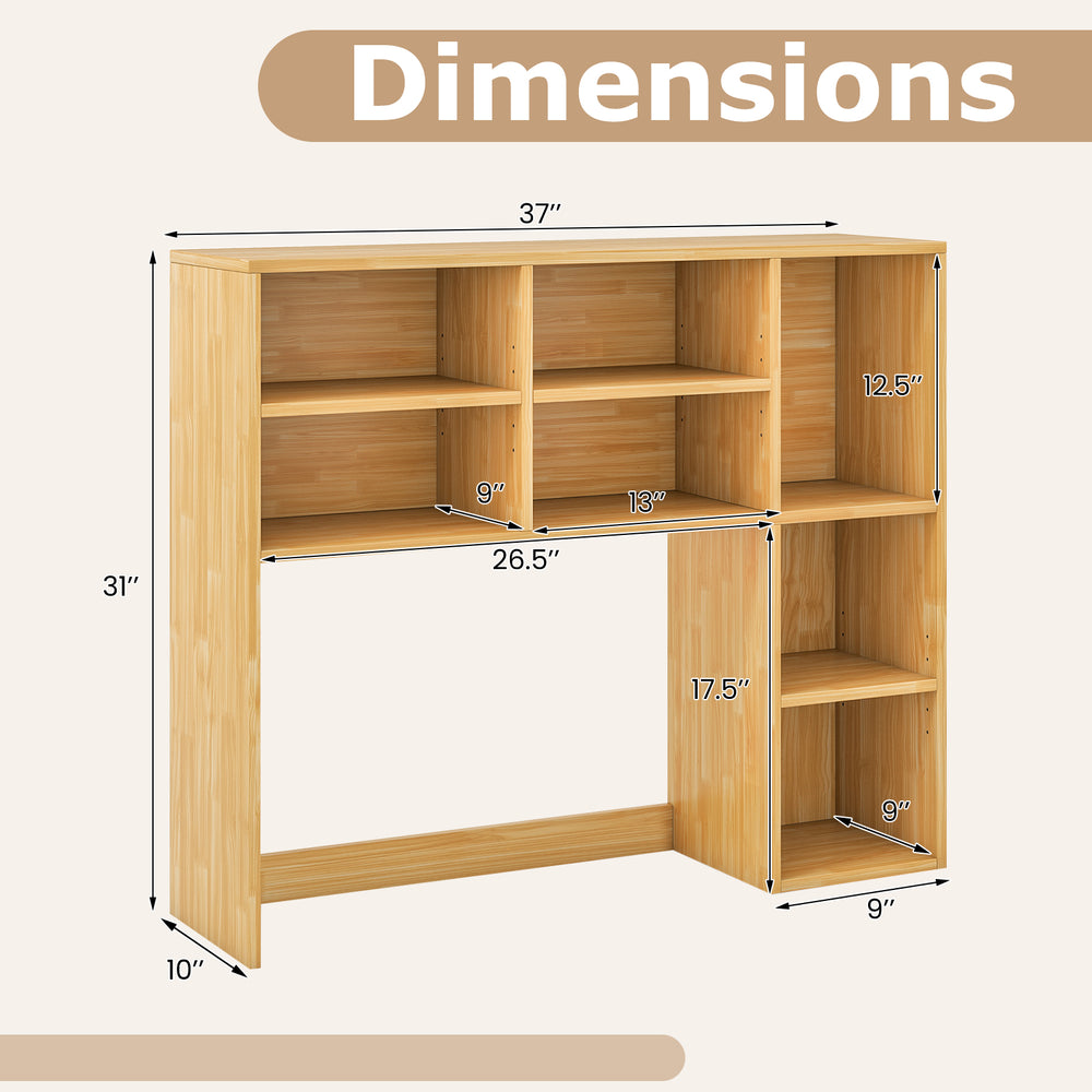 Desktop bookshelf dimensions showing 7 open cubbies and 3 adjustable shelves, ideal for home or office use.