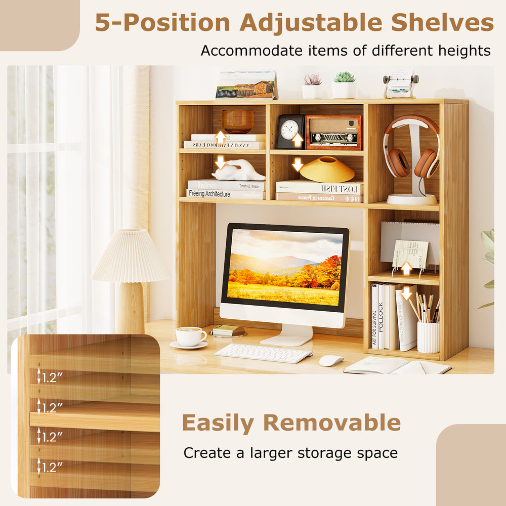 Desktop bookshelf in yellow with 7 cubbies and 3 adjustable shelves, ideal for home office or vanity use.