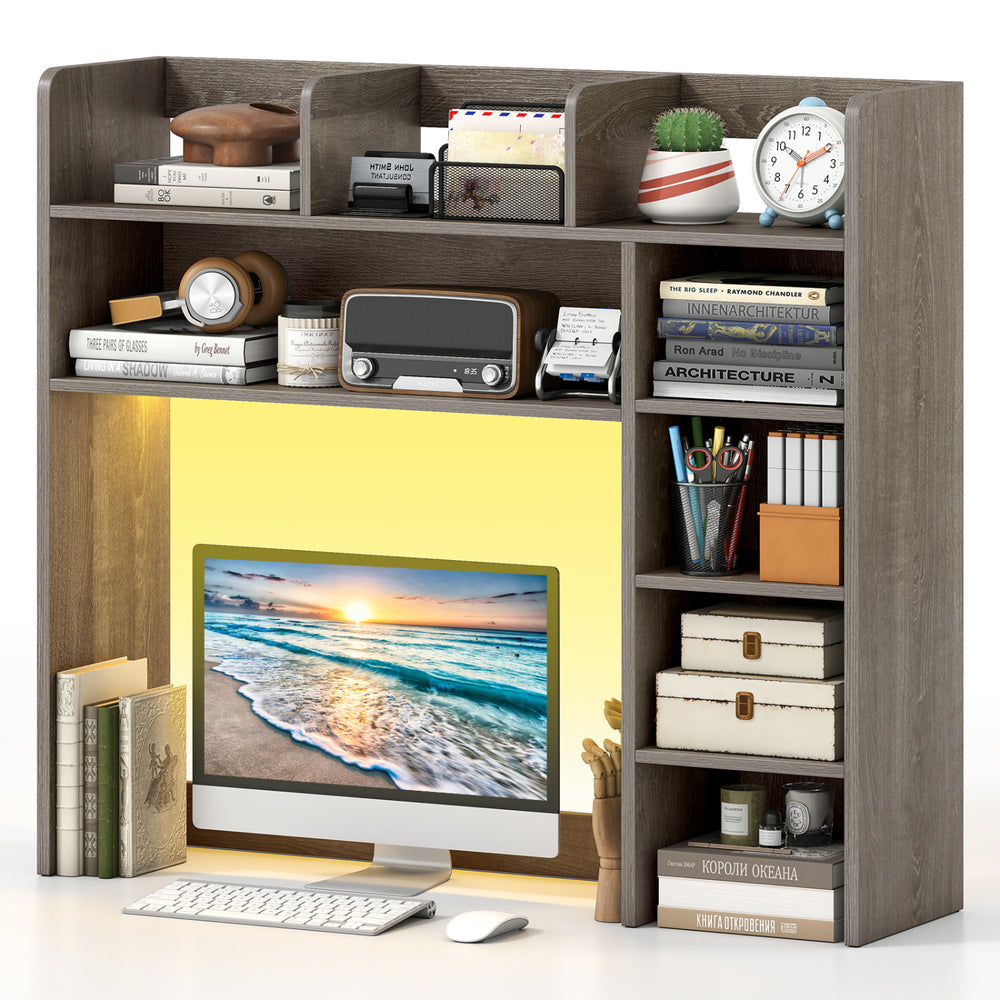 Desktop bookshelf with LED lights, oak finish, featuring adjustable shelves and monitor space for organized storage.
