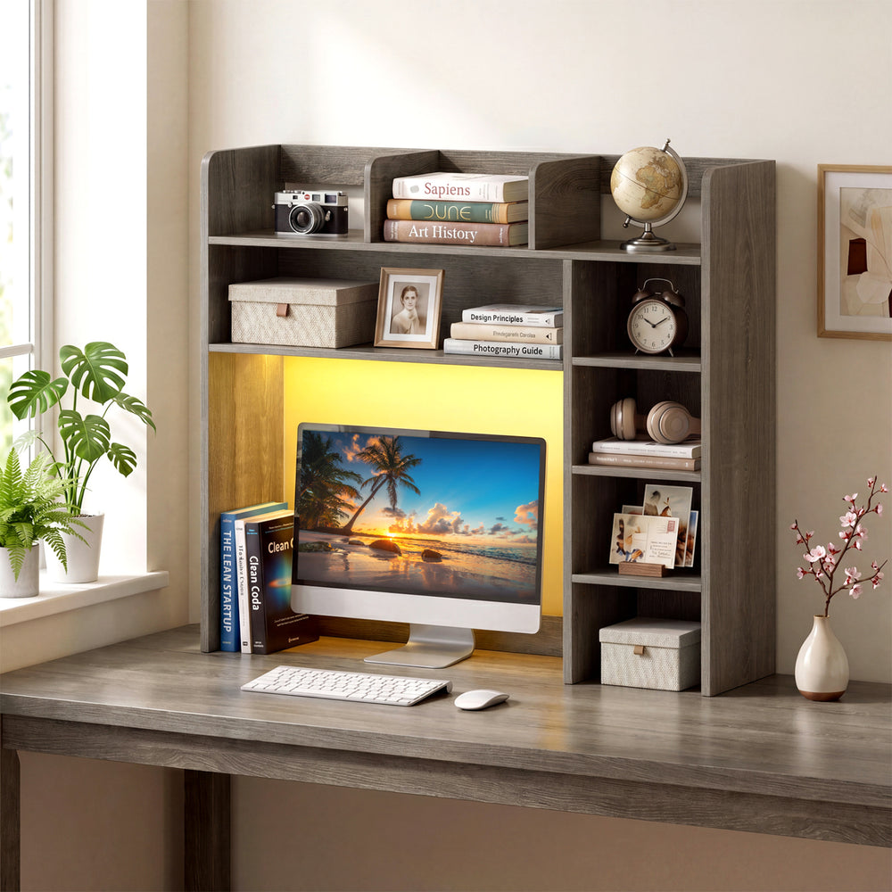 Desktop Bookshelf with LED Lights 35.5 inch Desk Hutch Storage Organizer-Oak - Gallery View 1 of 11