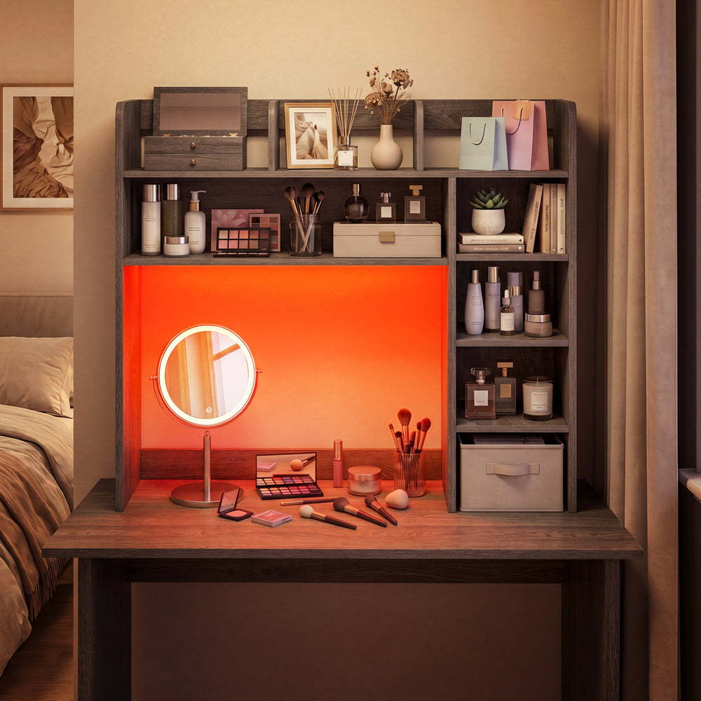 Desktop bookshelf with LED lights showcasing a vibrant RGB glow, ideal for stylish organization and workspace ambiance.
