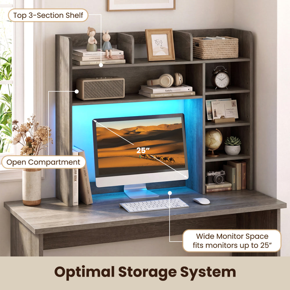 Desktop bookshelf with LED lights, 3-section shelf, and open compartment for monitors up to 25", ideal for organized.